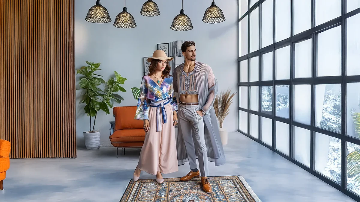Fashion models in light, airy outfits by large windows with natural light
