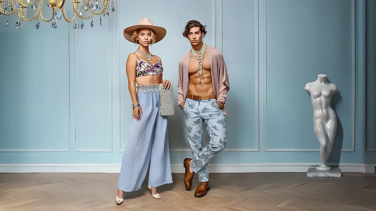 Fashion models in pastel outfits in a blue room with chandelier