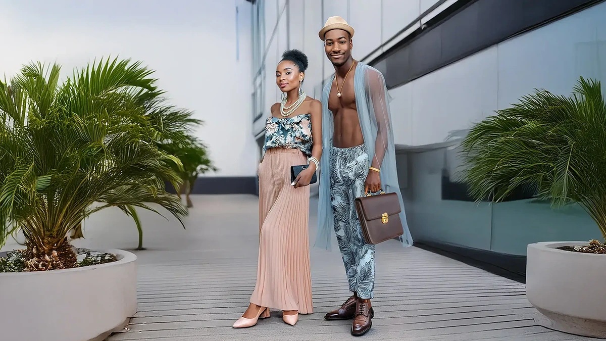 Fashion models on a modern terrace with palm plants