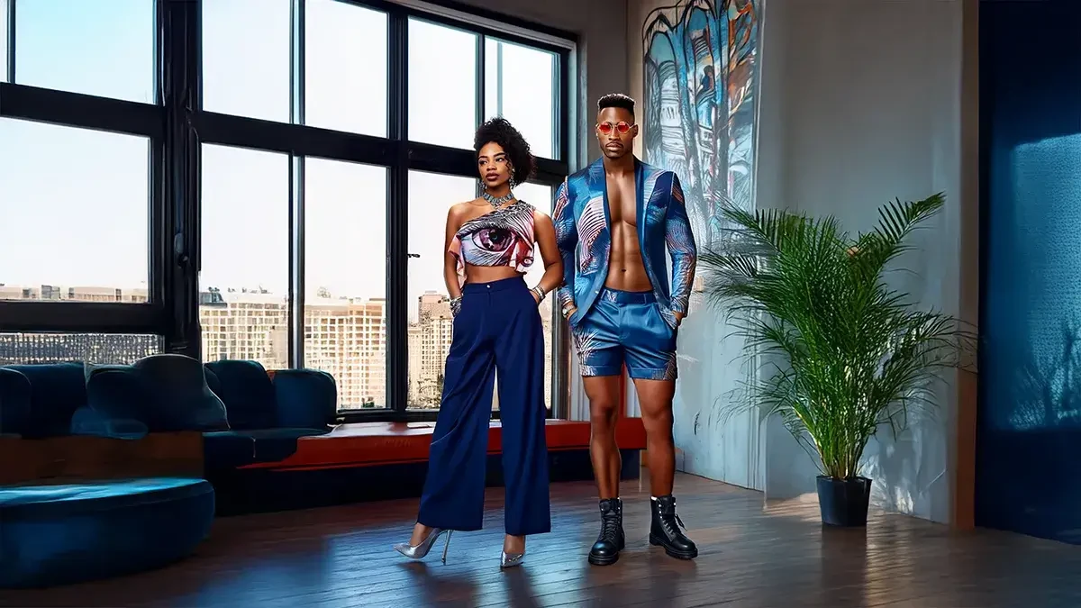 Fashion models in modern apartment with blue accents